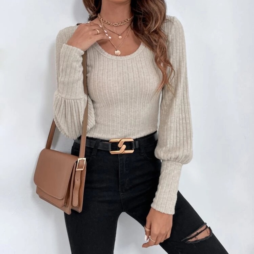Shein - Ribbed Knit Lantern Sleeve Tee